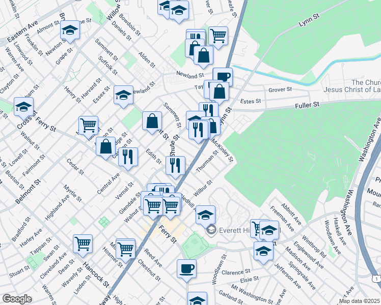map of restaurants, bars, coffee shops, grocery stores, and more near 36 Lafayette Street in Everett