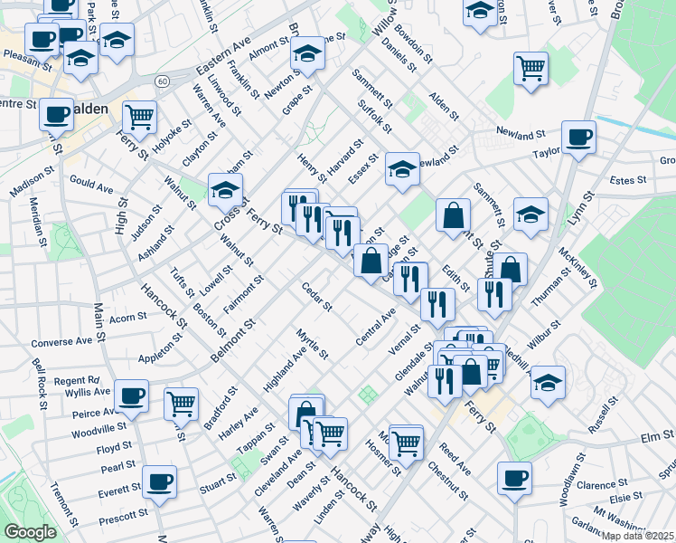 map of restaurants, bars, coffee shops, grocery stores, and more near 16 Ashton Street in Everett