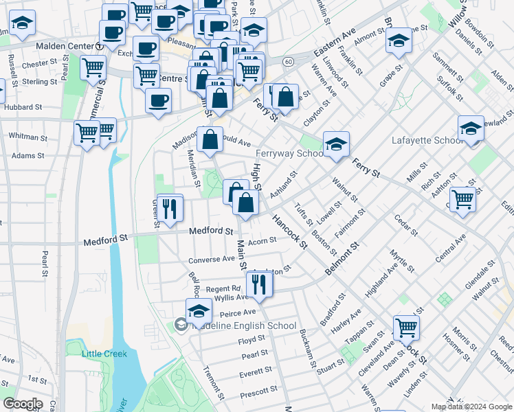 map of restaurants, bars, coffee shops, grocery stores, and more near 108 High Street in Malden