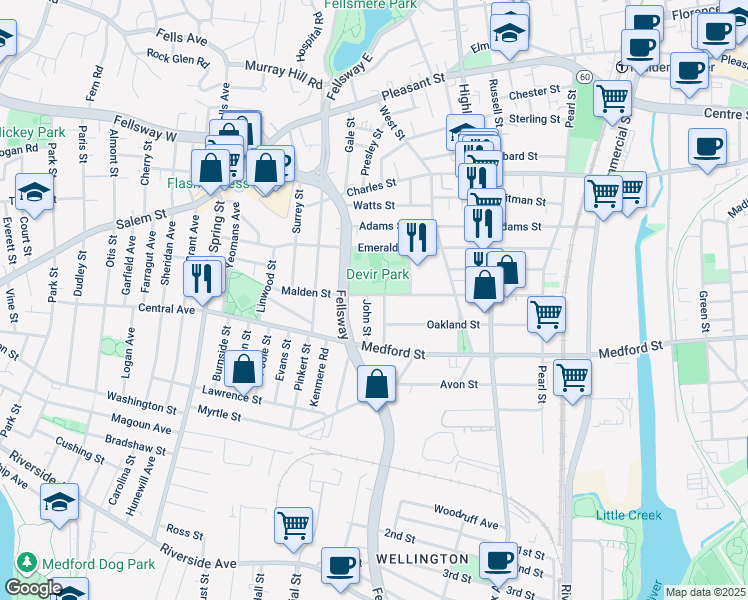 map of restaurants, bars, coffee shops, grocery stores, and more near in Malden