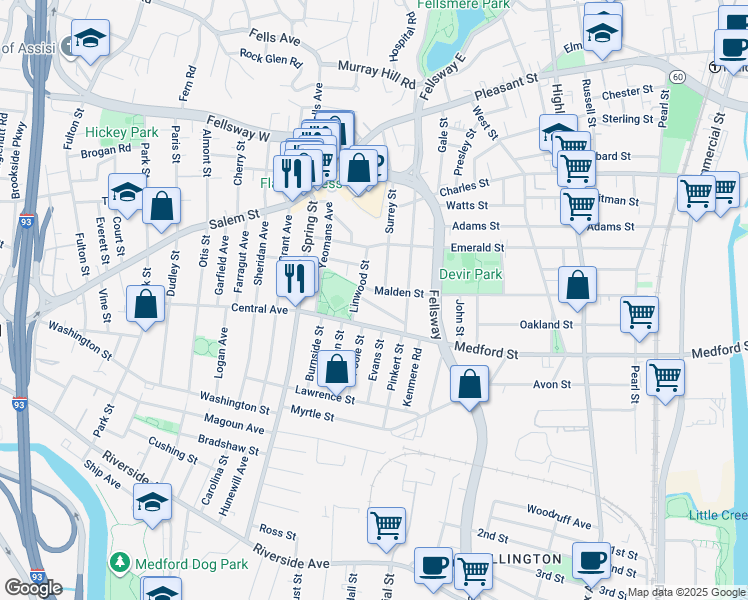 map of restaurants, bars, coffee shops, grocery stores, and more near 44 Linwood Street in Medford