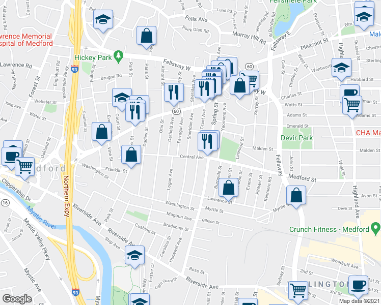 map of restaurants, bars, coffee shops, grocery stores, and more near 92 Sheridan Avenue in Medford