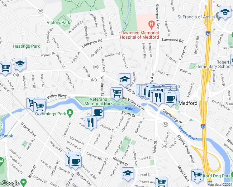 map of restaurants, bars, coffee shops, grocery stores, and more near 160 High Street in Medford