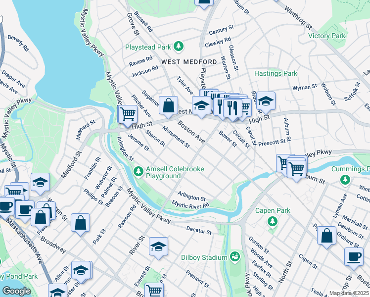 map of restaurants, bars, coffee shops, grocery stores, and more near 52 Monument Street in Medford