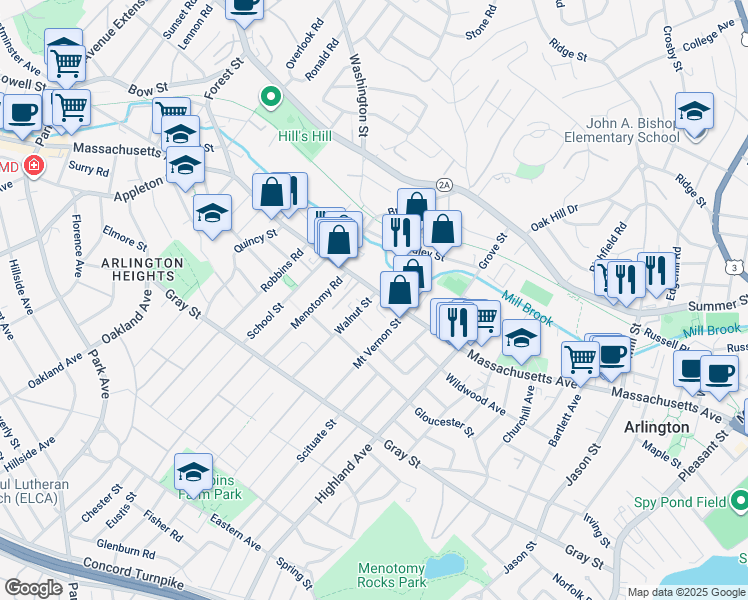 map of restaurants, bars, coffee shops, grocery stores, and more near 1017 Massachusetts Avenue in Arlington