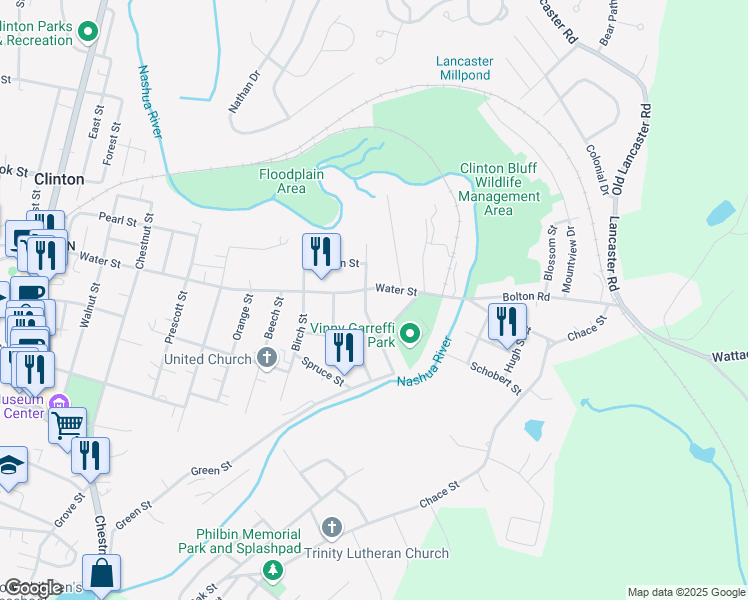 map of restaurants, bars, coffee shops, grocery stores, and more near 444 Water Street in Clinton
