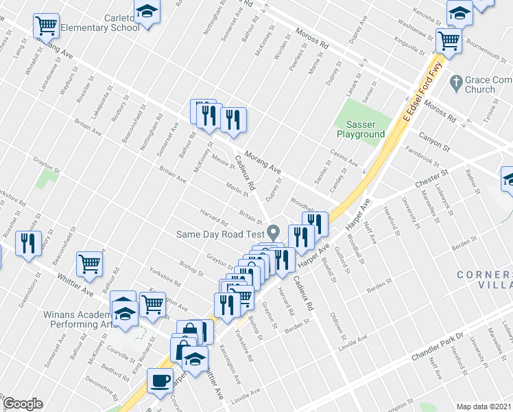map of restaurants, bars, coffee shops, grocery stores, and more near 10311 Cadieux Road in Detroit