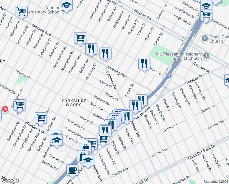 map of restaurants, bars, coffee shops, grocery stores, and more near 10311 Cadieux Road in Detroit