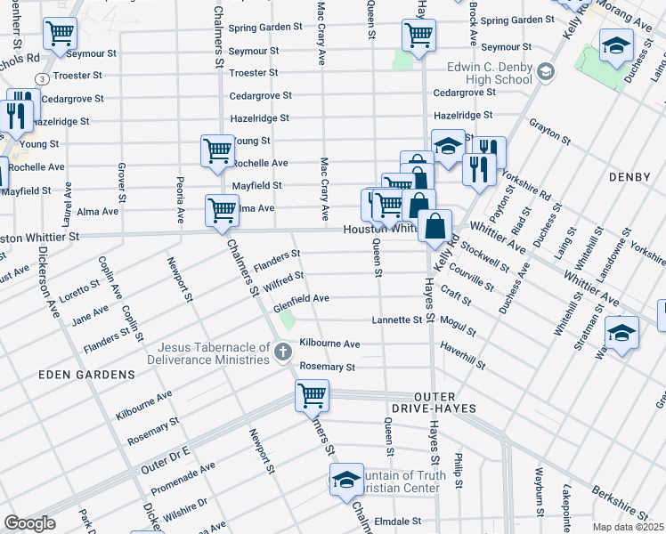 map of restaurants, bars, coffee shops, grocery stores, and more near 14793 Flanders Street in Detroit