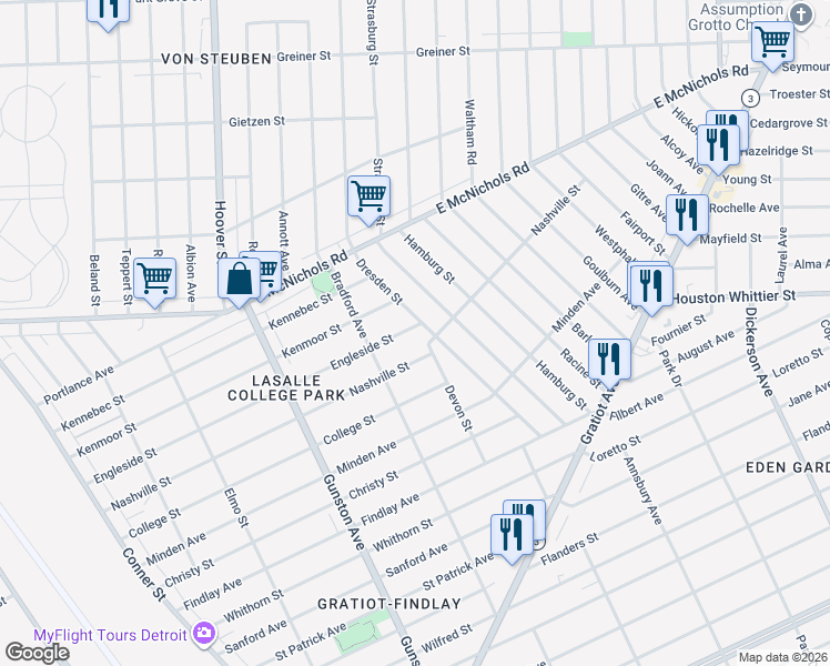 map of restaurants, bars, coffee shops, grocery stores, and more near 12718 Dresden Street in Detroit