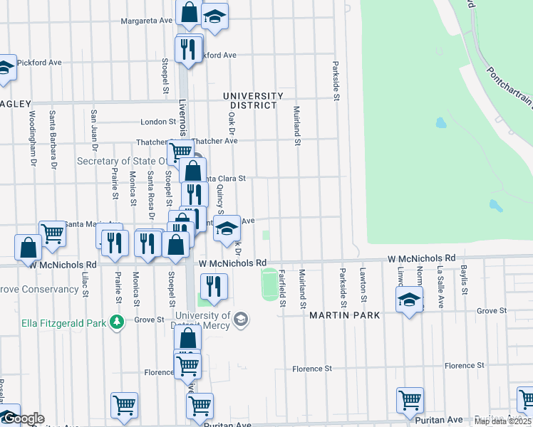 map of restaurants, bars, coffee shops, grocery stores, and more near 17353 Belden Street in Detroit