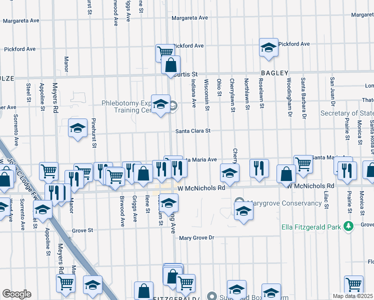 map of restaurants, bars, coffee shops, grocery stores, and more near 17377 Indiana Street in Detroit