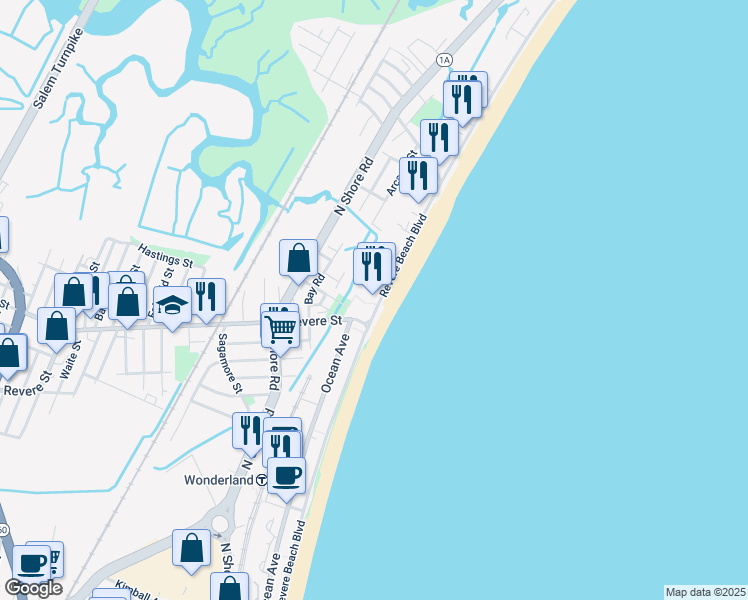 map of restaurants, bars, coffee shops, grocery stores, and more near 360-R Revere Beach Boulevard in Revere
