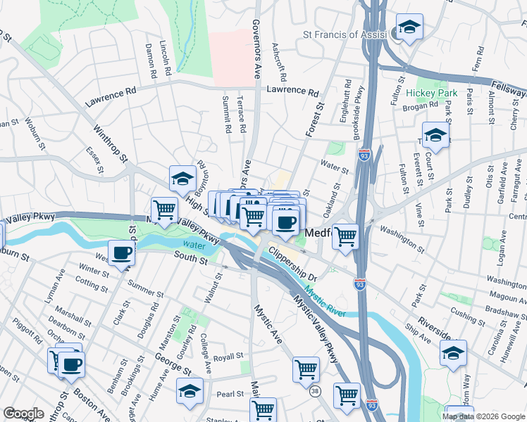 map of restaurants, bars, coffee shops, grocery stores, and more near 15 Governors Avenue in Medford