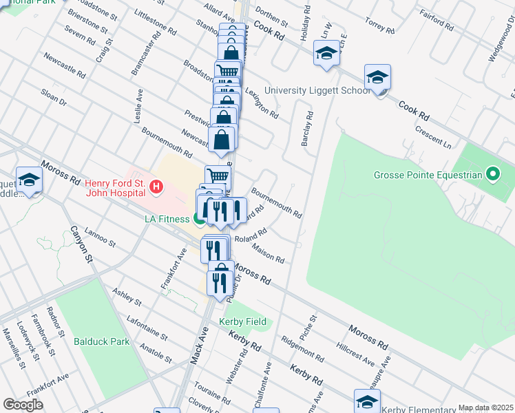 map of restaurants, bars, coffee shops, grocery stores, and more near 456 Allard Avenue in Grosse Pointe Farms