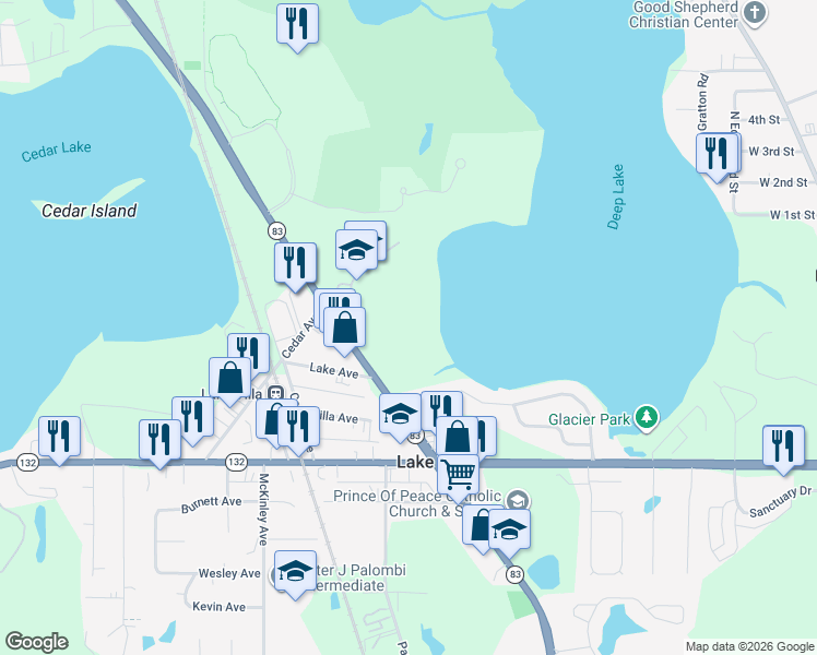 map of restaurants, bars, coffee shops, grocery stores, and more near 149 North Milwaukee Avenue in Lake Villa