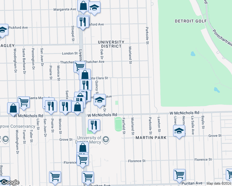 map of restaurants, bars, coffee shops, grocery stores, and more near 17353 Belden Street in Detroit