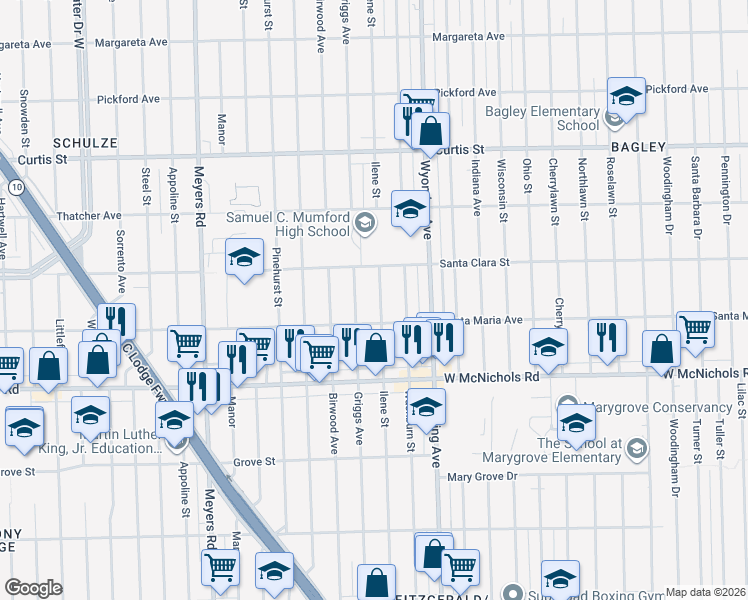 map of restaurants, bars, coffee shops, grocery stores, and more near 17387 Ilene Street in Detroit