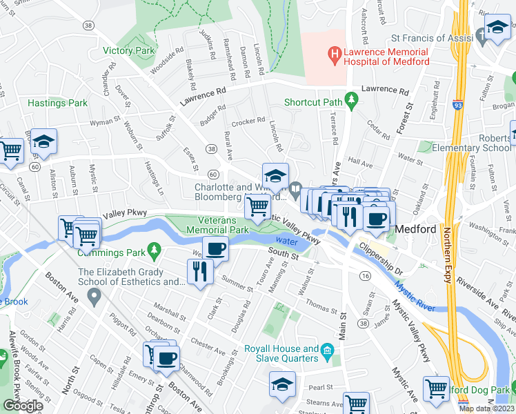 map of restaurants, bars, coffee shops, grocery stores, and more near 160 High Street in Medford