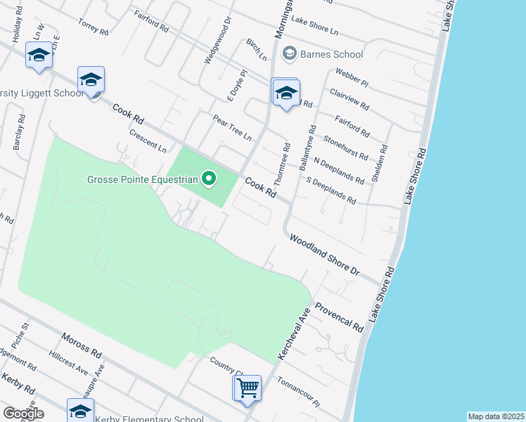 map of restaurants, bars, coffee shops, grocery stores, and more near 449 Saddle Lane in Grosse Pointe Woods