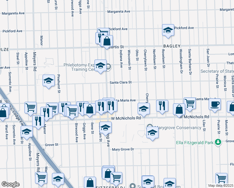 map of restaurants, bars, coffee shops, grocery stores, and more near 17344 Kentucky Street in Detroit