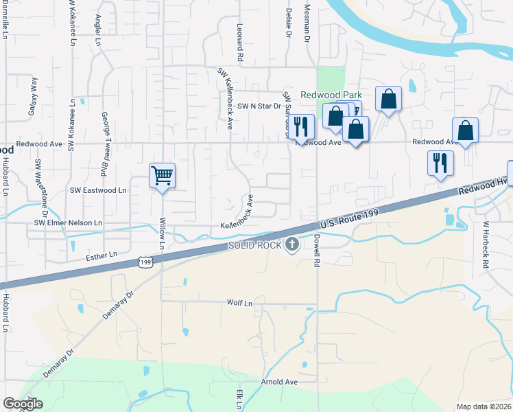 map of restaurants, bars, coffee shops, grocery stores, and more near 2176 Southwest Nick Way in Grants Pass