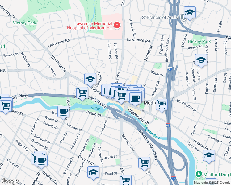 map of restaurants, bars, coffee shops, grocery stores, and more near 27 Grandview Avenue in Medford