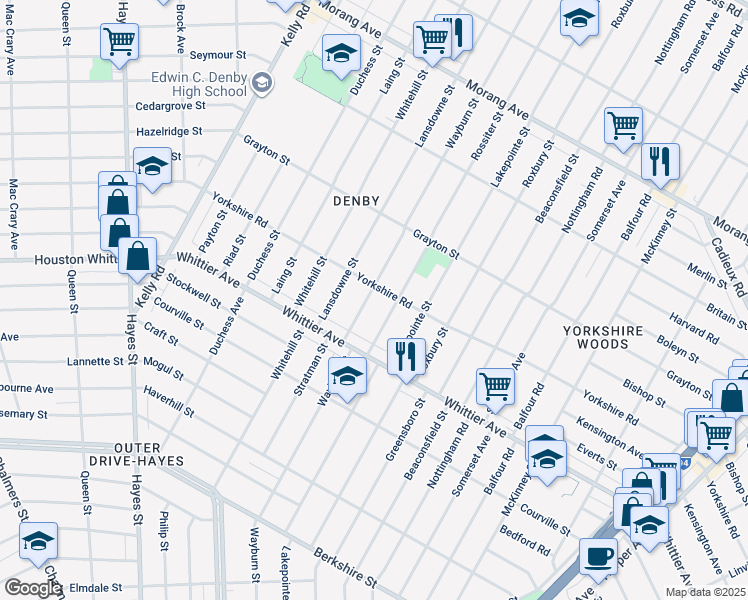 map of restaurants, bars, coffee shops, grocery stores, and more near 11203 Wayburn Avenue in Detroit