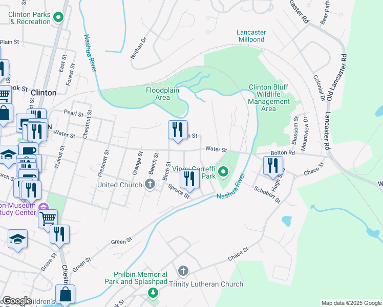 map of restaurants, bars, coffee shops, grocery stores, and more near 411 Water Street in Clinton