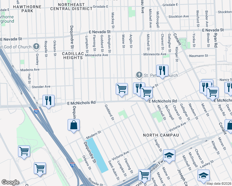 map of restaurants, bars, coffee shops, grocery stores, and more near 17186 Mackay Street in Detroit