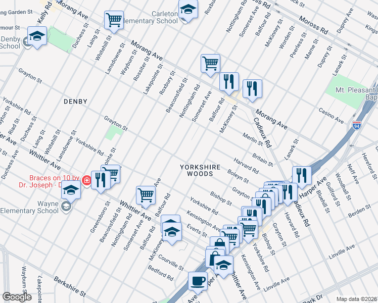 map of restaurants, bars, coffee shops, grocery stores, and more near 10685 Balfour Road in Detroit