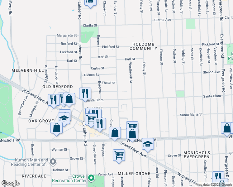 map of restaurants, bars, coffee shops, grocery stores, and more near 21400 Bennett Street in Detroit