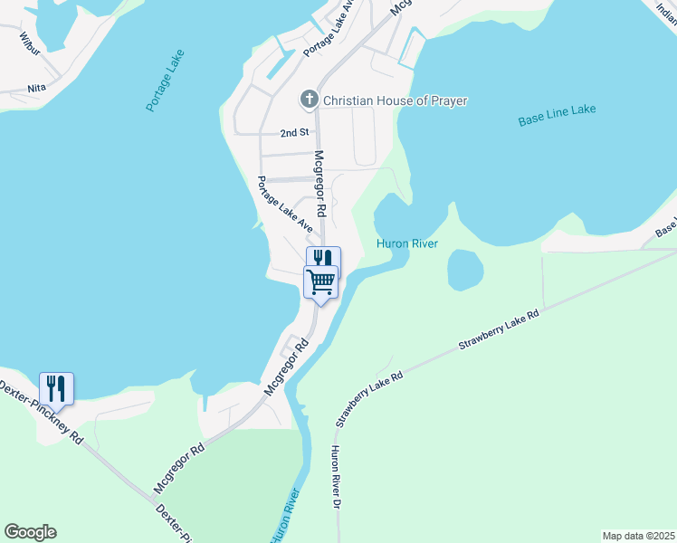 map of restaurants, bars, coffee shops, grocery stores, and more near 9404 Mcgregor Road in Pinckney
