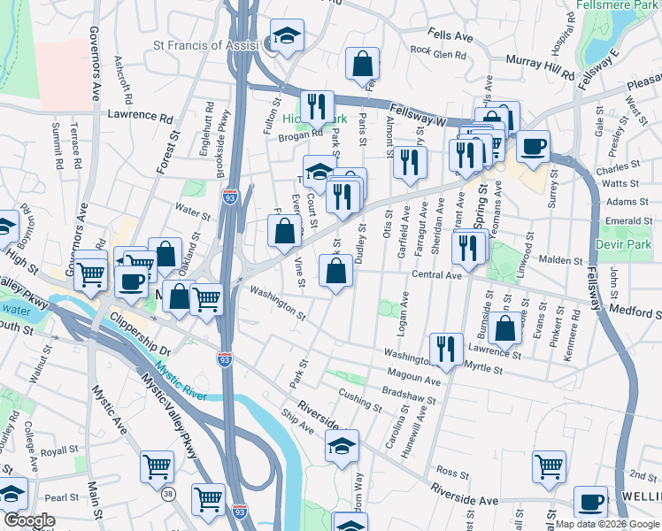 map of restaurants, bars, coffee shops, grocery stores, and more near 167 Park Street in Medford