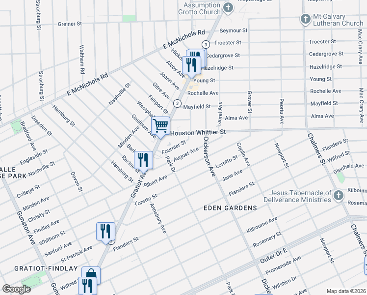 map of restaurants, bars, coffee shops, grocery stores, and more near 12779 Fournier Street in Detroit