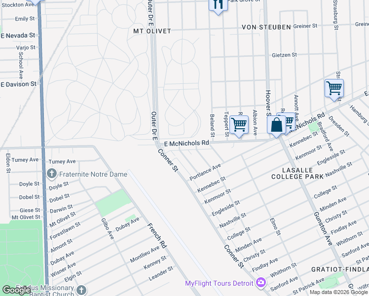 map of restaurants, bars, coffee shops, grocery stores, and more near 11126 East McNichols Road in Detroit