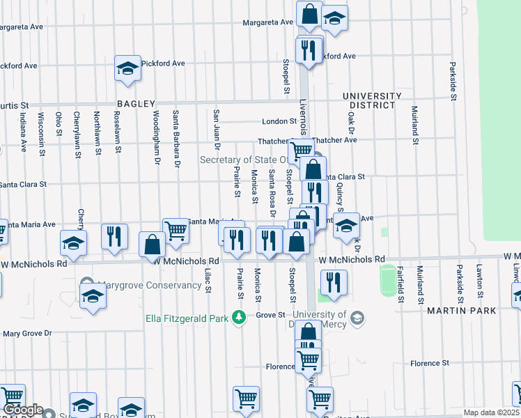 map of restaurants, bars, coffee shops, grocery stores, and more near 17336 Monica Street in Detroit