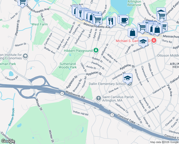 map of restaurants, bars, coffee shops, grocery stores, and more near 30 Avola Street in Arlington