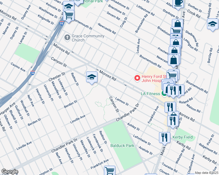 map of restaurants, bars, coffee shops, grocery stores, and more near 6024 Hillcrest Street in Grosse Pointe