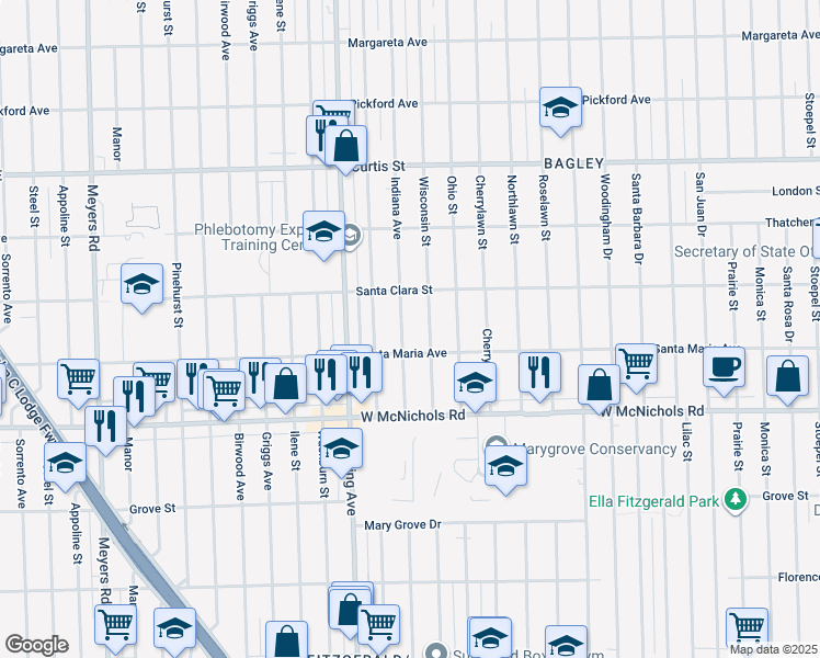 map of restaurants, bars, coffee shops, grocery stores, and more near 17344 Indiana Street in Detroit