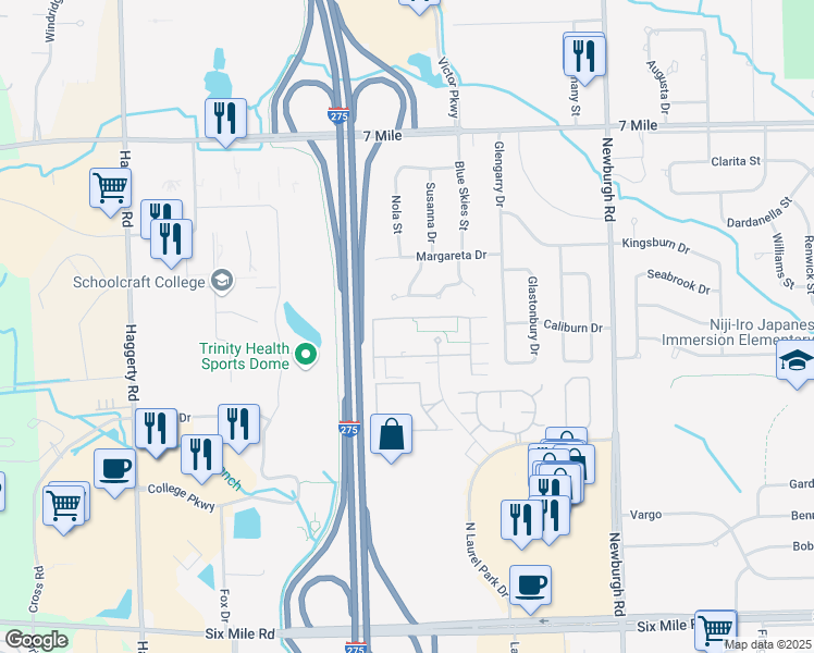 map of restaurants, bars, coffee shops, grocery stores, and more near 18301 University Park Drive in Livonia