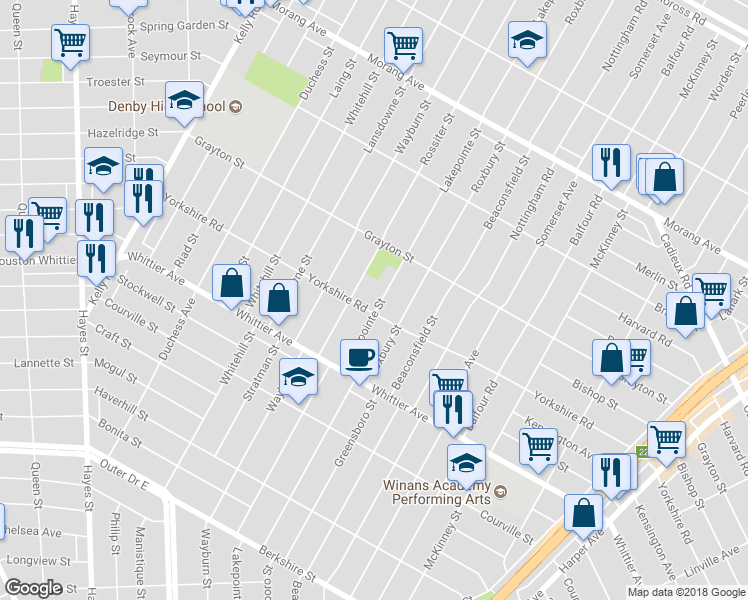 map of restaurants, bars, coffee shops, grocery stores, and more near 11017 Lakepointe Street in Detroit