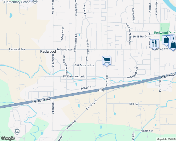 map of restaurants, bars, coffee shops, grocery stores, and more near 1670 Nunnwood Lane in Grants Pass