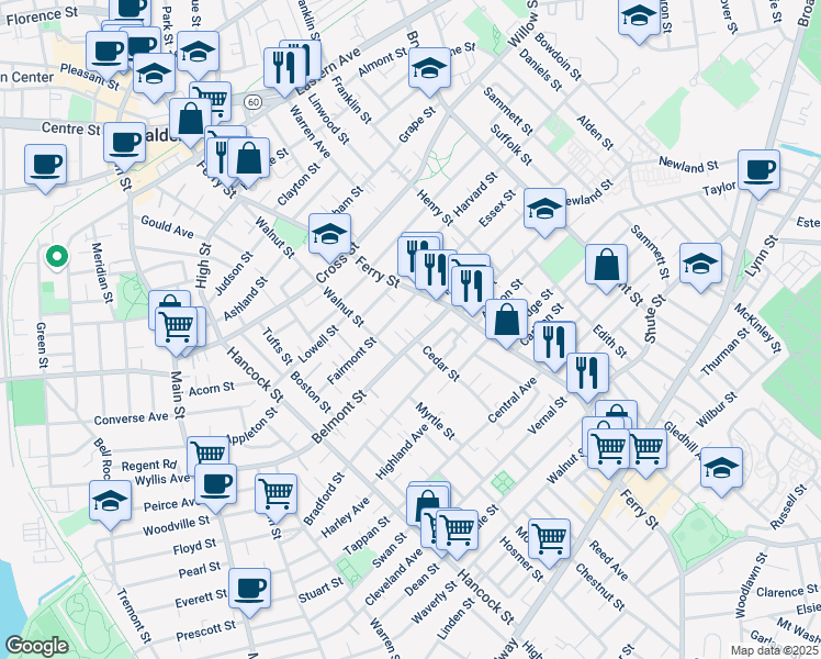 map of restaurants, bars, coffee shops, grocery stores, and more near 99 Fairmont Street in Malden