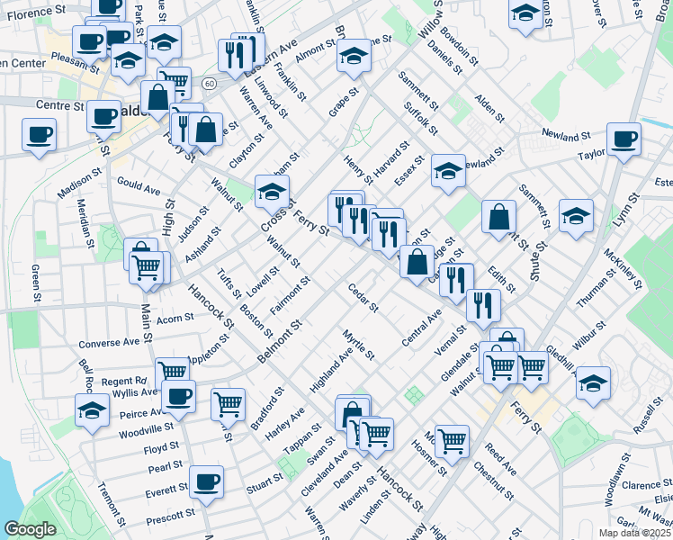 map of restaurants, bars, coffee shops, grocery stores, and more near 99 Fairmont Street in Malden