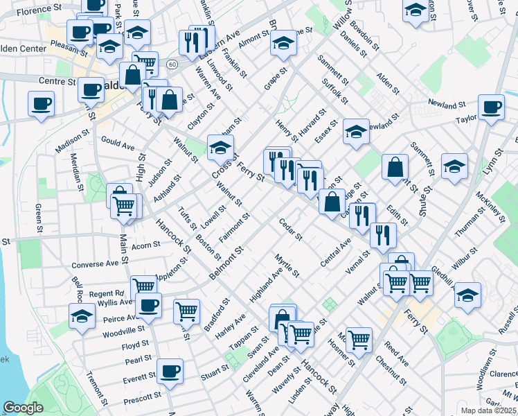 map of restaurants, bars, coffee shops, grocery stores, and more near 99 Fairmont Street in Malden