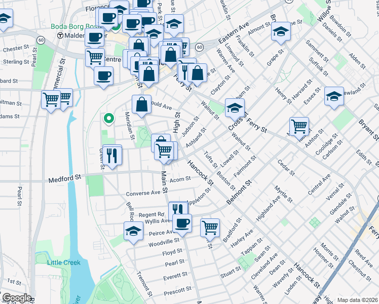 map of restaurants, bars, coffee shops, grocery stores, and more near 108 High Street in Malden