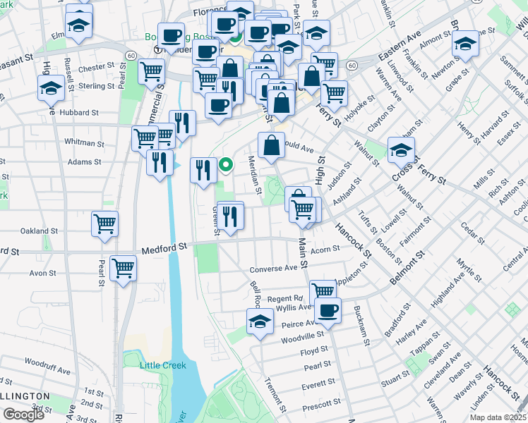 map of restaurants, bars, coffee shops, grocery stores, and more near 12 Shawmut Street in Malden