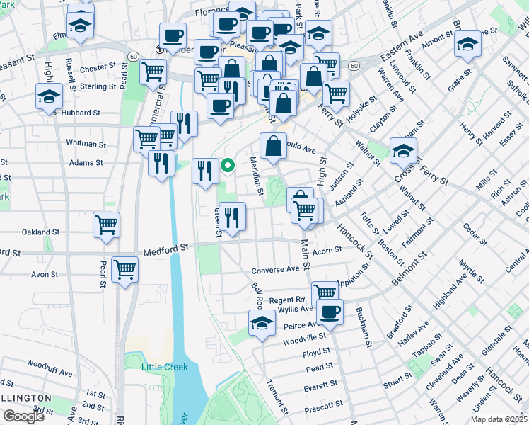 map of restaurants, bars, coffee shops, grocery stores, and more near 12 Shawmut Street in Malden