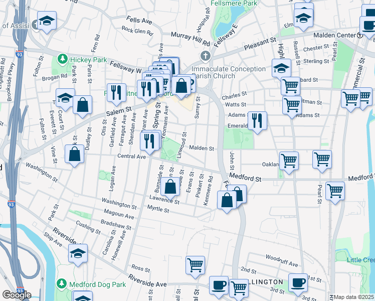 map of restaurants, bars, coffee shops, grocery stores, and more near 44 Linwood Street in Medford